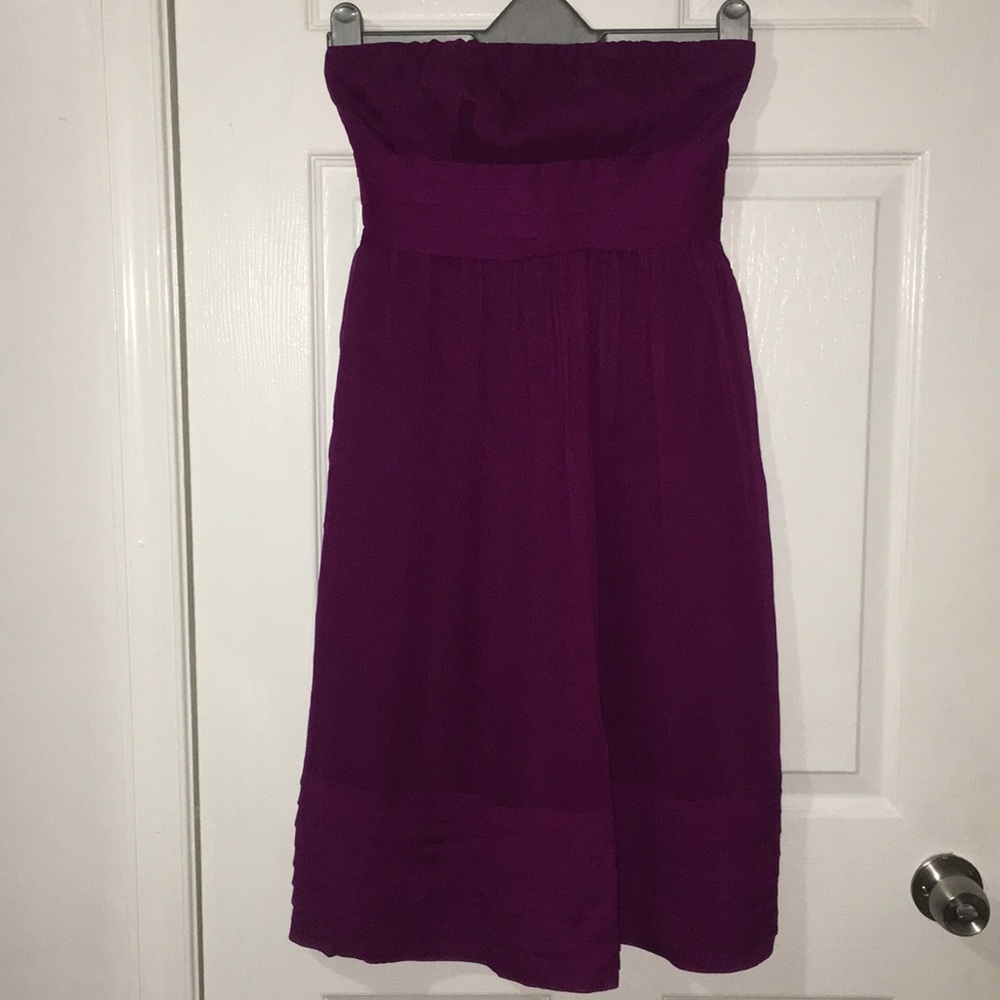 J. Crew purple strapless chiffon dress.